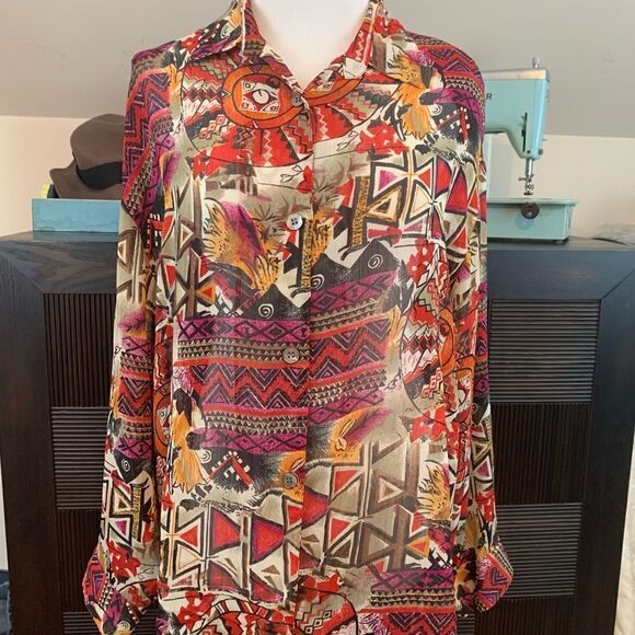 Vintage abstract tribal pattern button down blouse - Picture 2 of 7